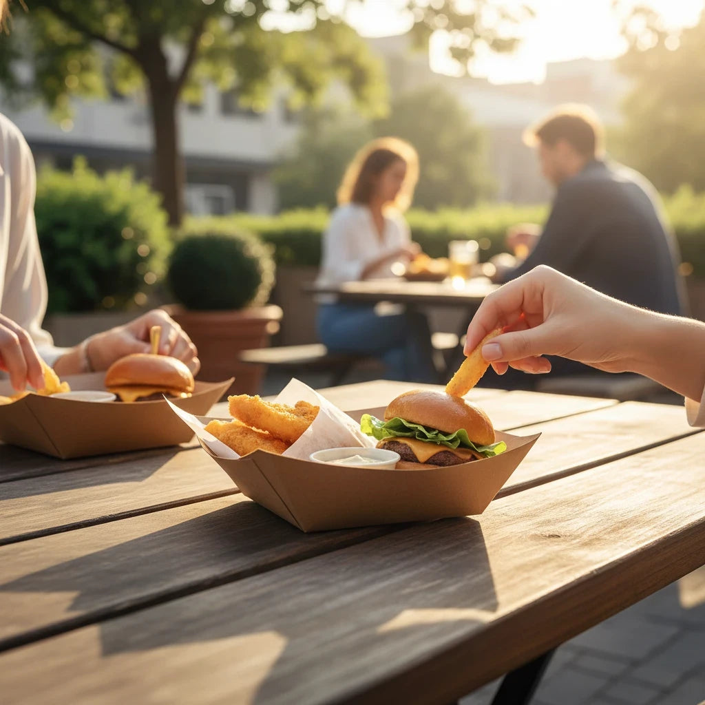 Food Packaging Direct greaseproof kraft paper food tray holding a burger and fries on an outdoor wooden table