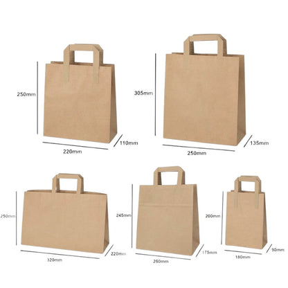 Food Packaging Direct brown kraft paper SOS carrier bags in five different sizes with flat bases and paper handles.