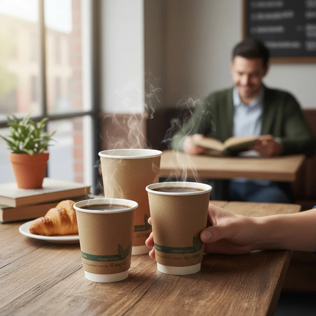 Food Packaging Direct compostable kraft paper coffee cups with steam on a wooden table in a cafe setting