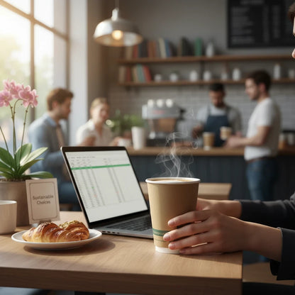 Food Packaging Direct compostable double wall kraft paper cup held in a hand at a cafe table with a laptop and pastry