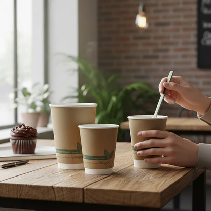 Food Packaging Direct compostable kraft paper cups in two sizes on a wooden table with a hand stirring a drink