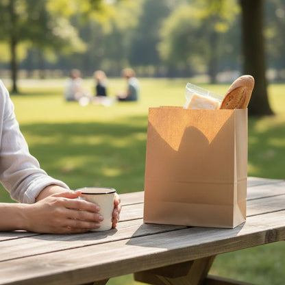 Food Packaging Direct brown kraft paper SOS grab bag with bread and cheese on a wooden picnic table