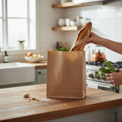 Food Packaging Direct brown kraft paper SOS grab bag on a kitchen counter with a baguette and fresh herbs