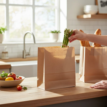Food Packaging Direct brown kraft paper SOS grab bag without handles on a kitchen counter with fresh produce