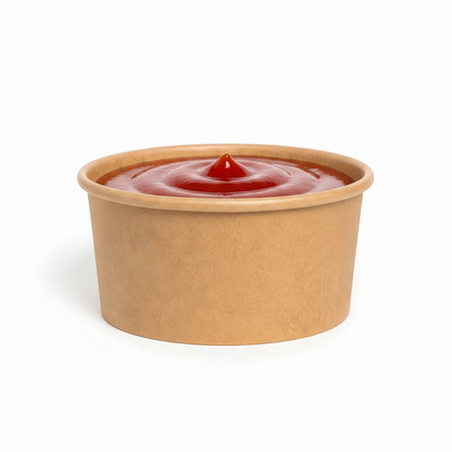 Food Packaging Direct kraft paper portion pot filled with red sauce against a white background