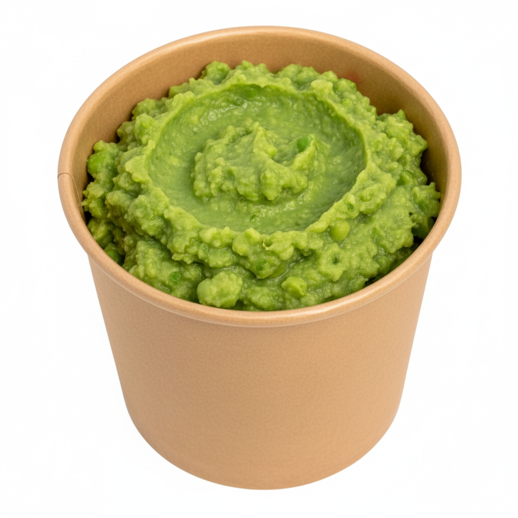 Food Packaging Direct kraft paper portion pot filled with mashed green peas, ideal for eco-friendly food service.