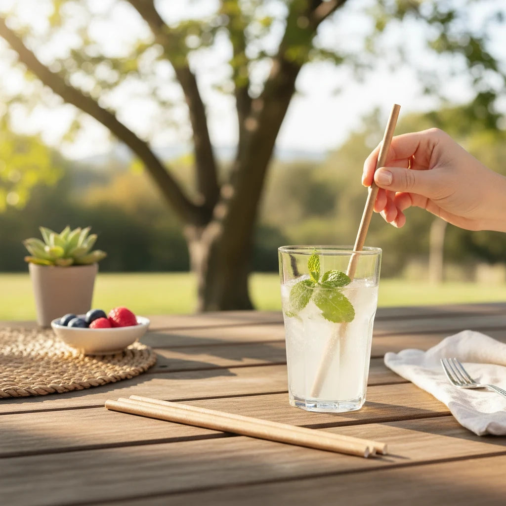 Food Packaging Direct 3-ply kraft paper straws in a glass of cold drink on an outdoor wooden table