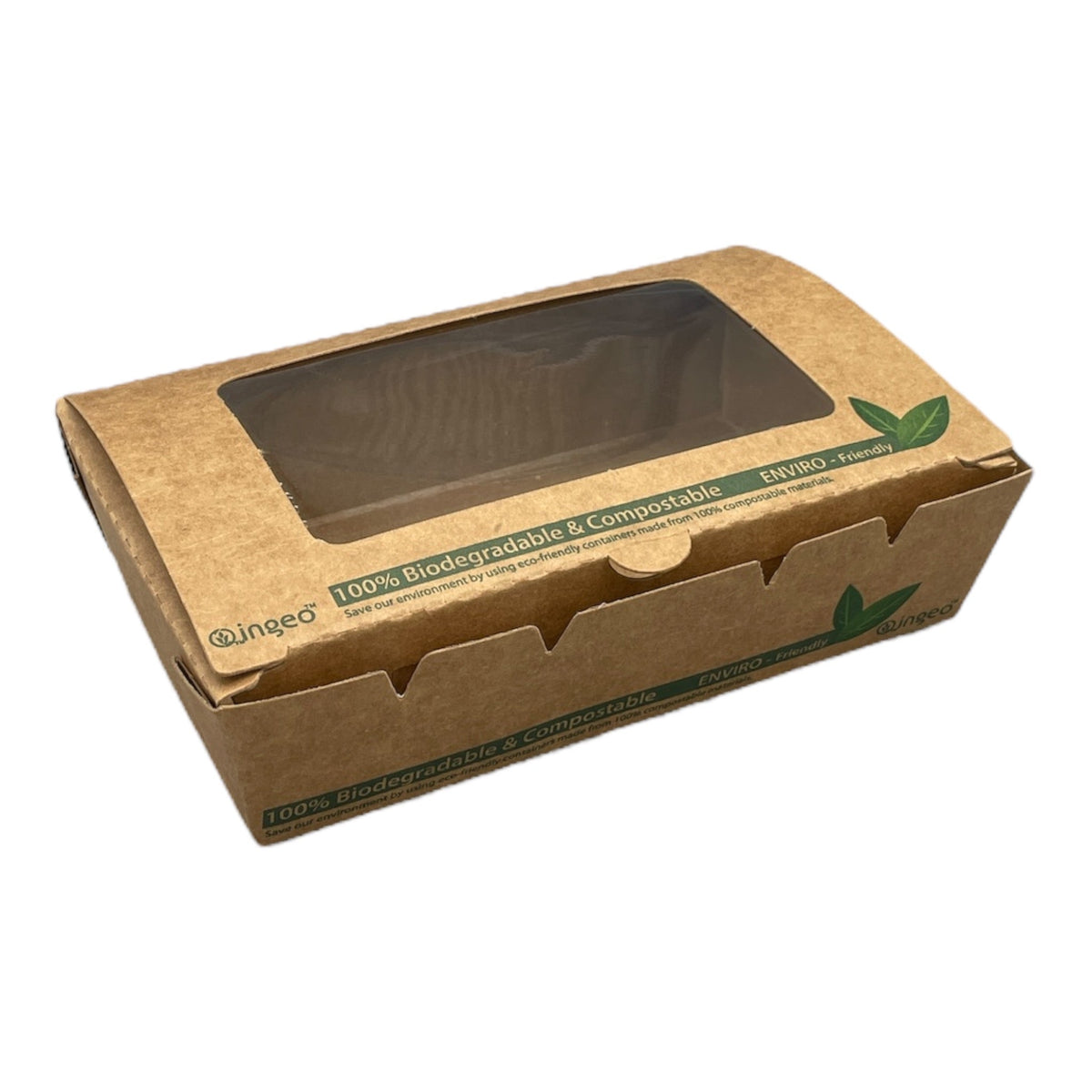 Food Packaging Direct compostable kraft salad box with a clear PLA window and tuck top lid for eco-friendly food.