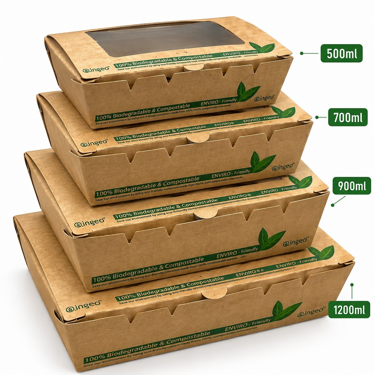 Food Packaging Direct compostable kraft salad boxes with clear PLA windows in four sizes stacked on white background