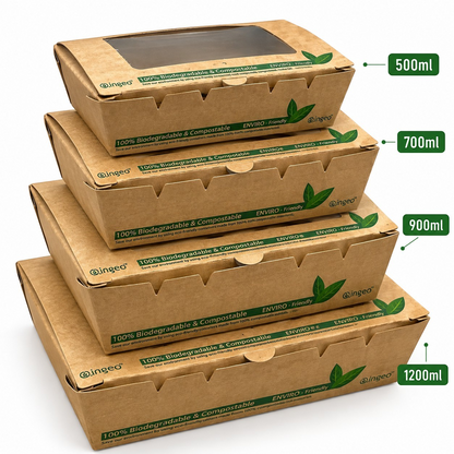 Food Packaging Direct compostable kraft salad boxes with clear PLA windows in four sizes stacked on white background