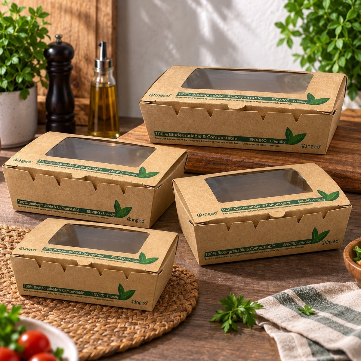 Food Packaging Direct compostable kraft salad boxes with clear PLA windows in four different sizes on a wooden table.
