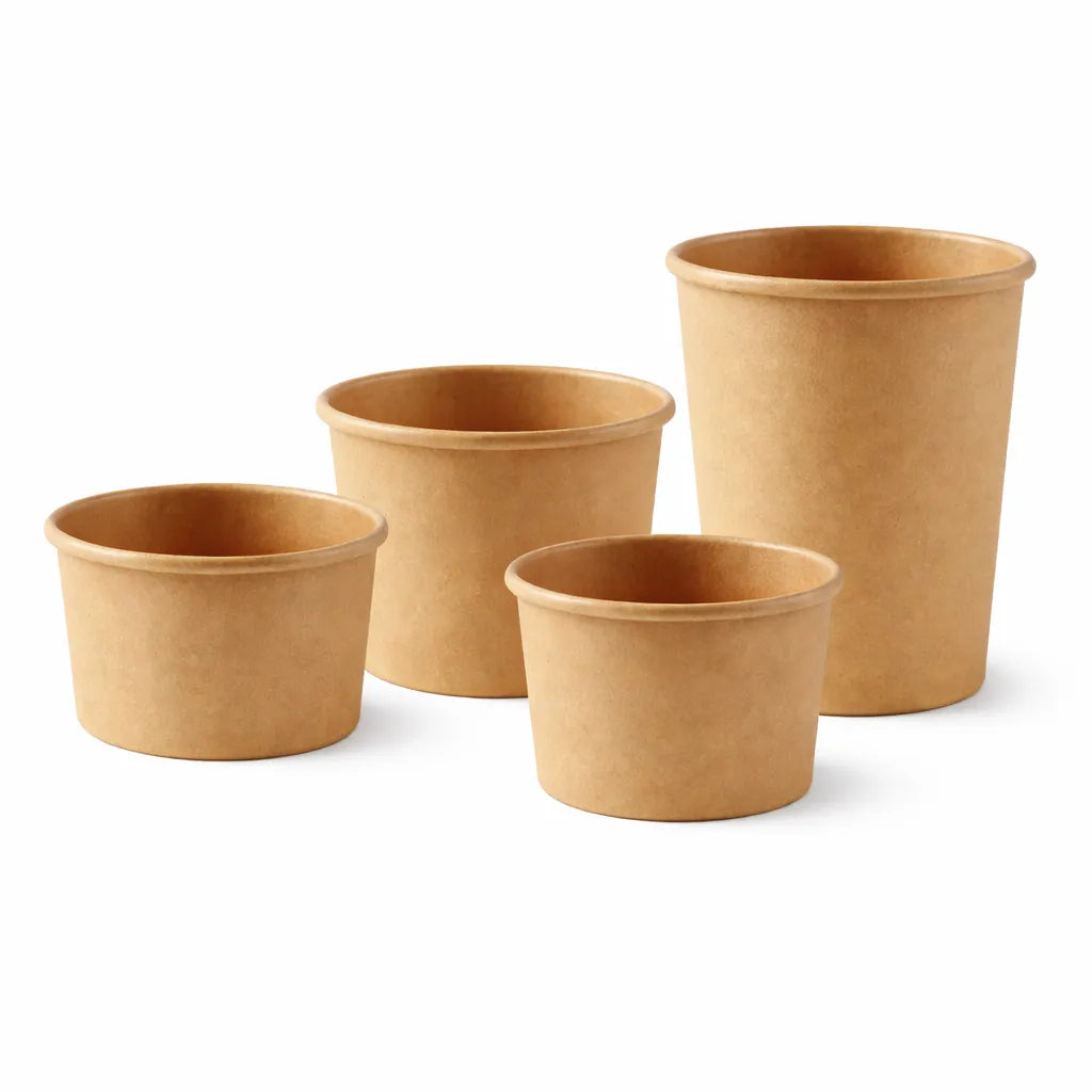 Food Packaging Direct kraft paper soup containers in four different sizes for hot and cold food takeout.