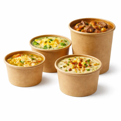 Food Packaging Direct kraft paper soup containers in four sizes filled with various hot soups and stews