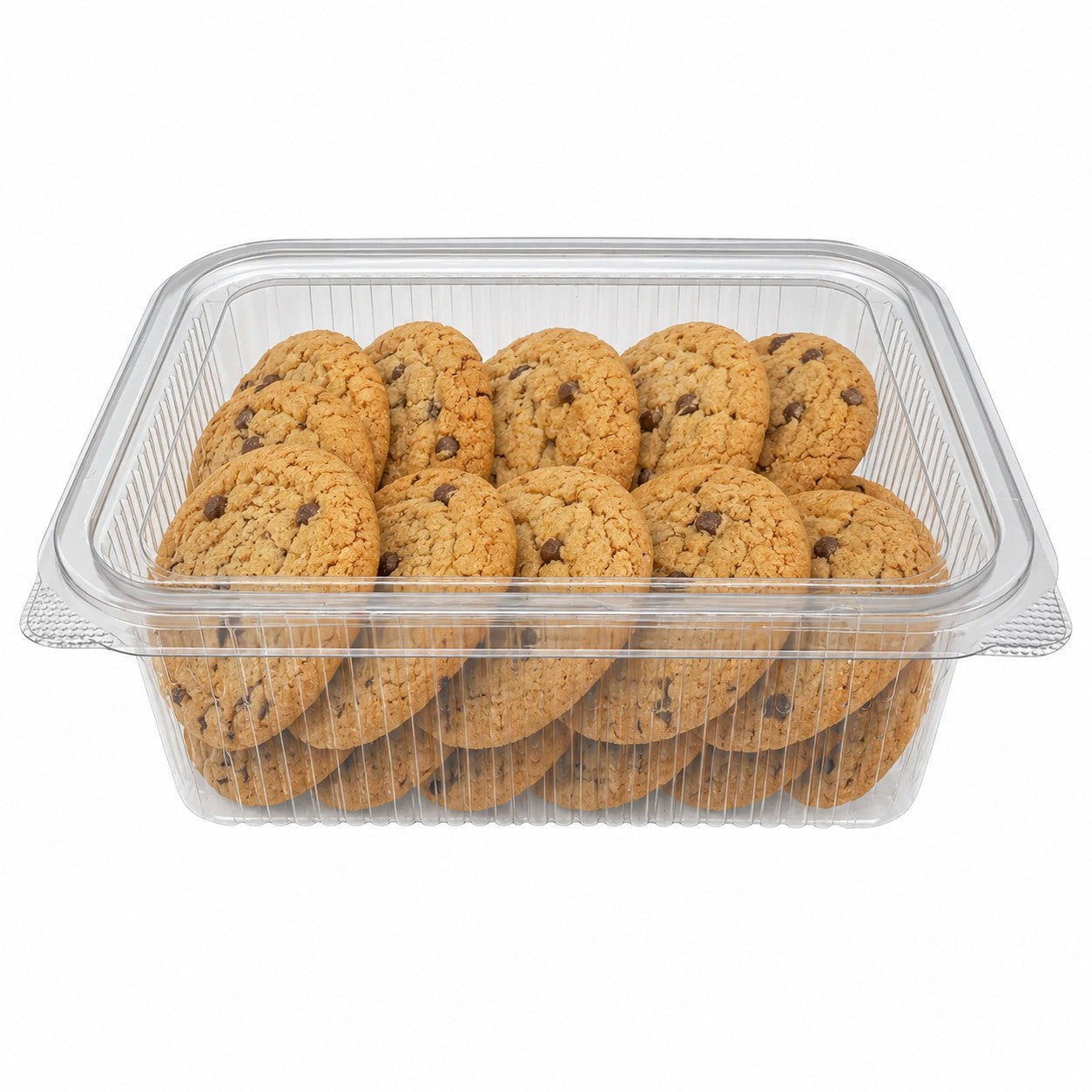 Food Packaging Direct rectangular clear plastic hinged container filled with chocolate chip cookies