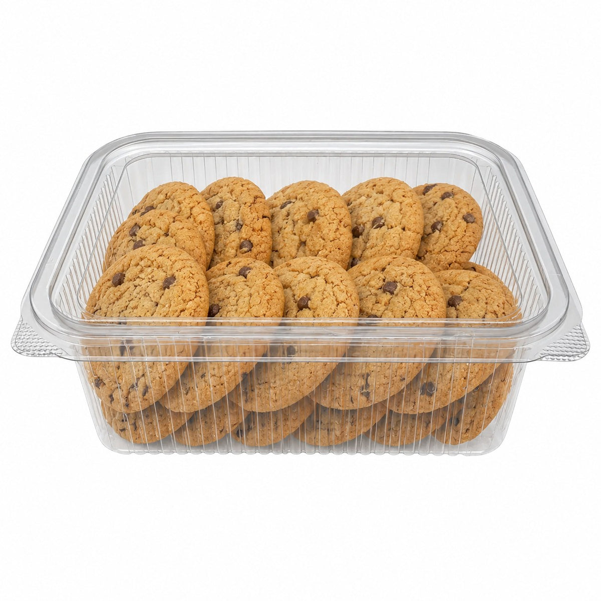 Food Packaging Direct rectangular clear plastic hinged container filled with chocolate chip cookies