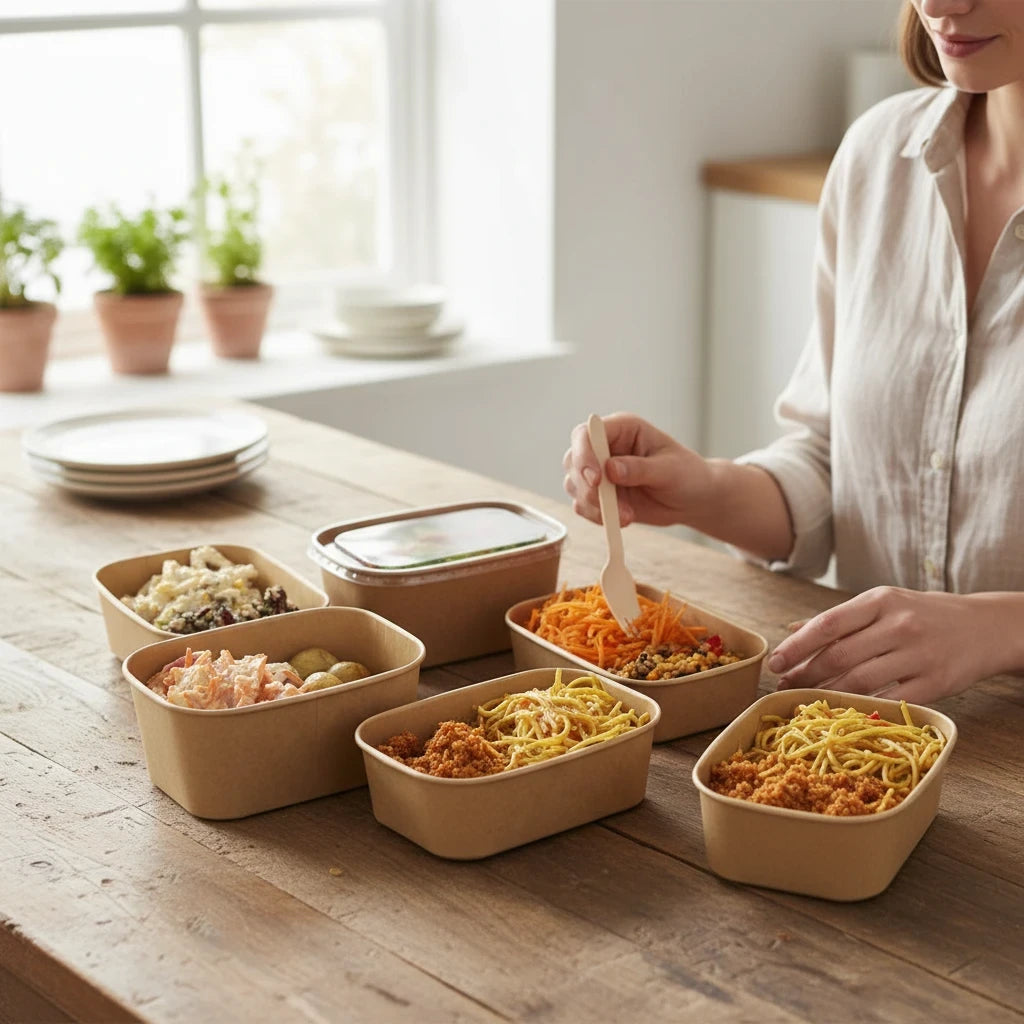 Food Packaging Direct rectangular kraft food containers filled with various meals on a wooden table with a person.