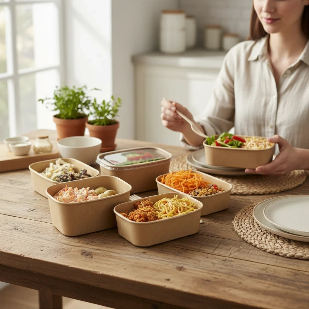 Food Packaging Direct rectangular kraft paper food containers filled with various meals on a wooden dining table.