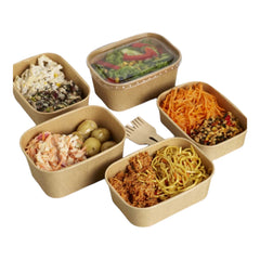 Food Packaging Direct rectangular kraft paper food containers filled with various salads and noodle dishes