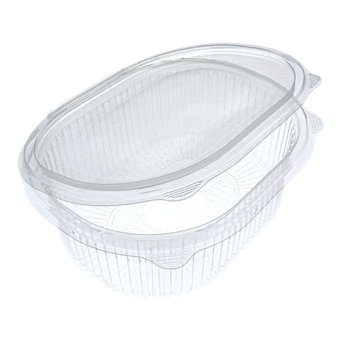 Food Packaging Direct Rhino clear plastic hinged container with a ribbed design for food display and take-out.