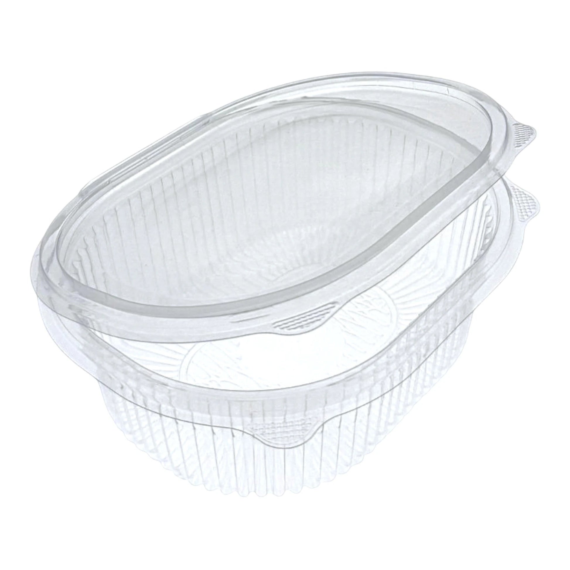Food Packaging Direct Rhino clear plastic hinged container with a ribbed design for food display and take-out.