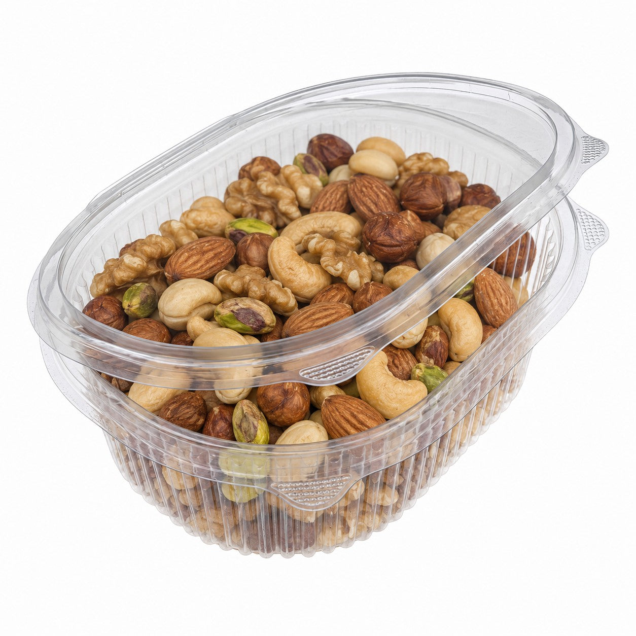 Food Packaging Direct Rhino clear plastic hinged container filled with a variety of mixed nuts