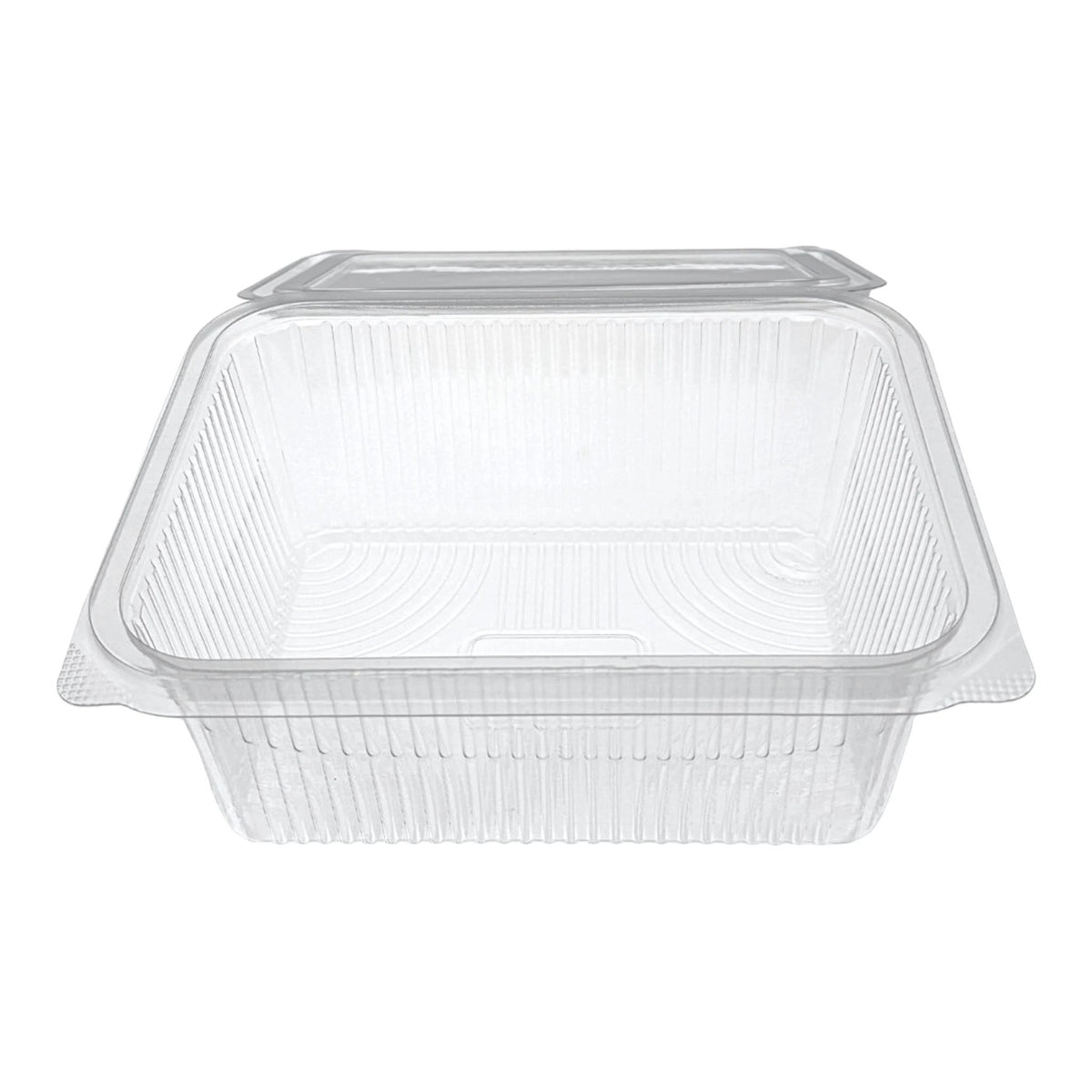 Food Packaging Direct Rhino rectangular clear plastic hinged container with a durable ribbed design for food display.