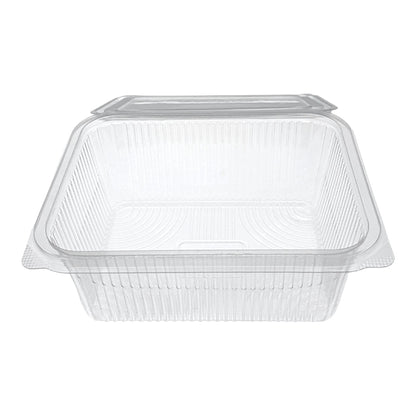 Food Packaging Direct Rhino rectangular clear plastic hinged container with a durable ribbed design for food display.