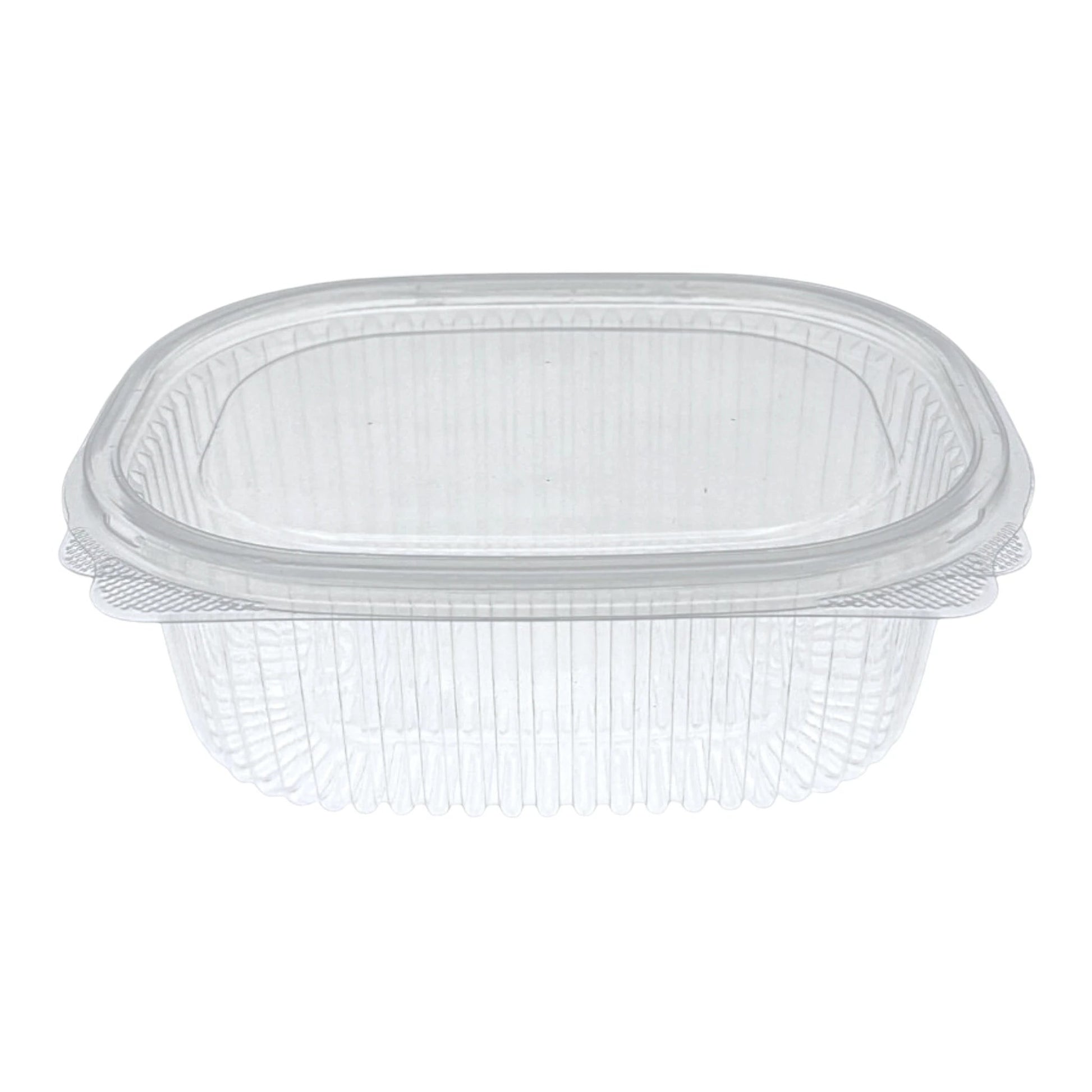 Food Packaging Direct Rhino clear plastic hinged container with a ribbed structure for food display and take-out