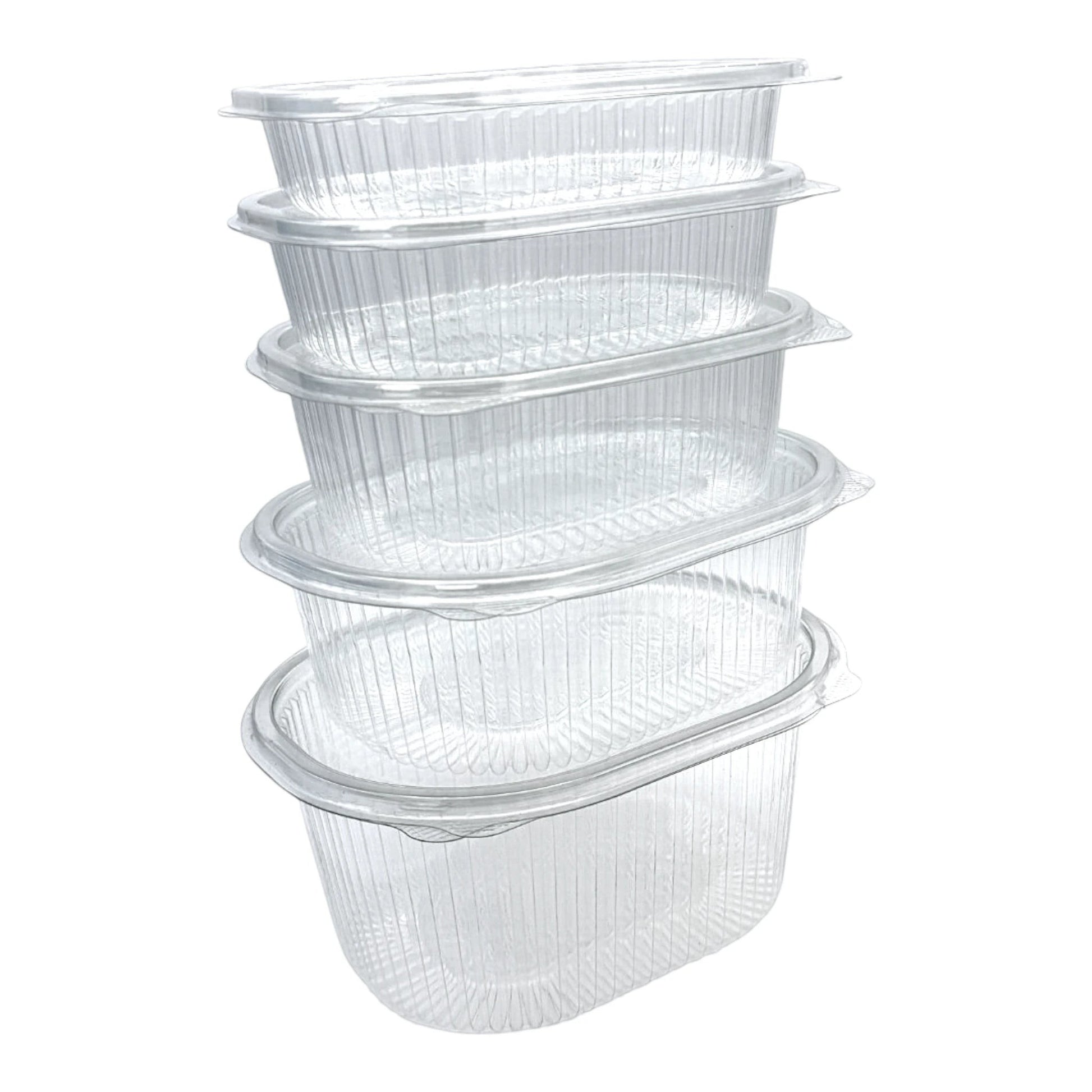Food Packaging Direct Rhino clear hinged plastic containers stacked vertically, featuring a durable ribbed design.