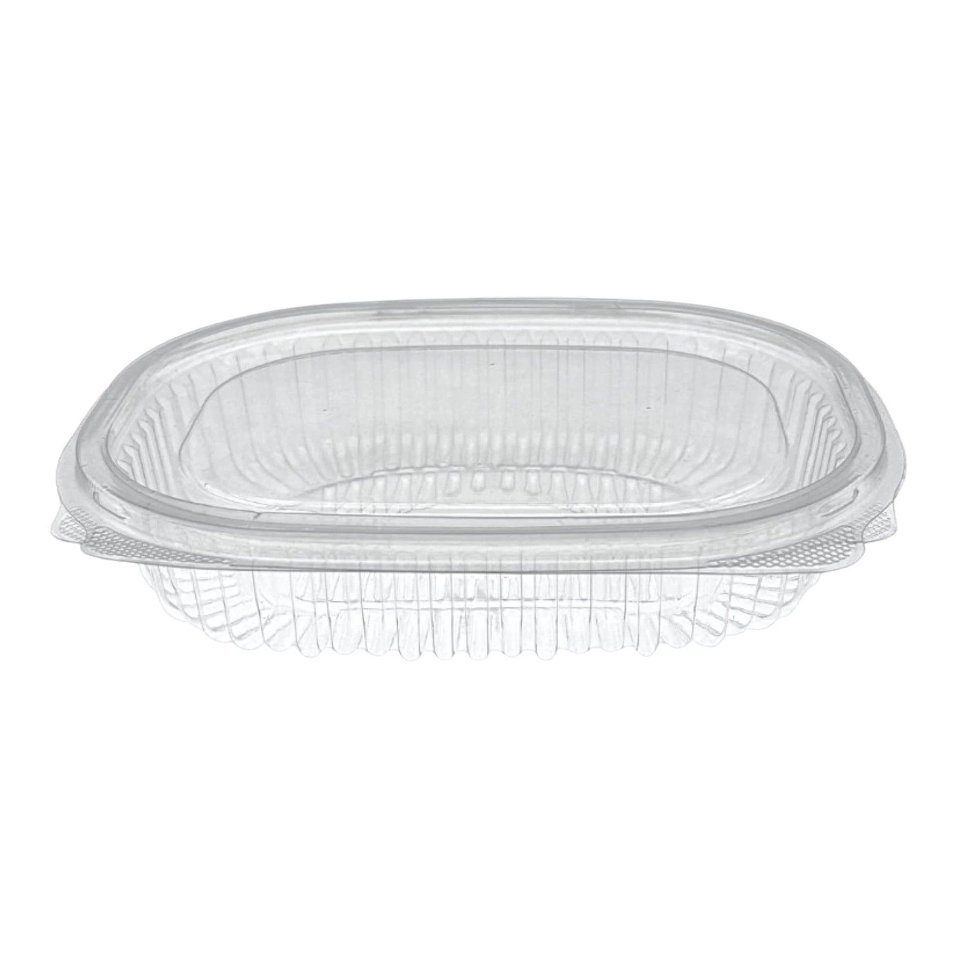 Food Packaging Direct Rhino clear hinged plastic container with a durable ribbed design for food take-out and display.