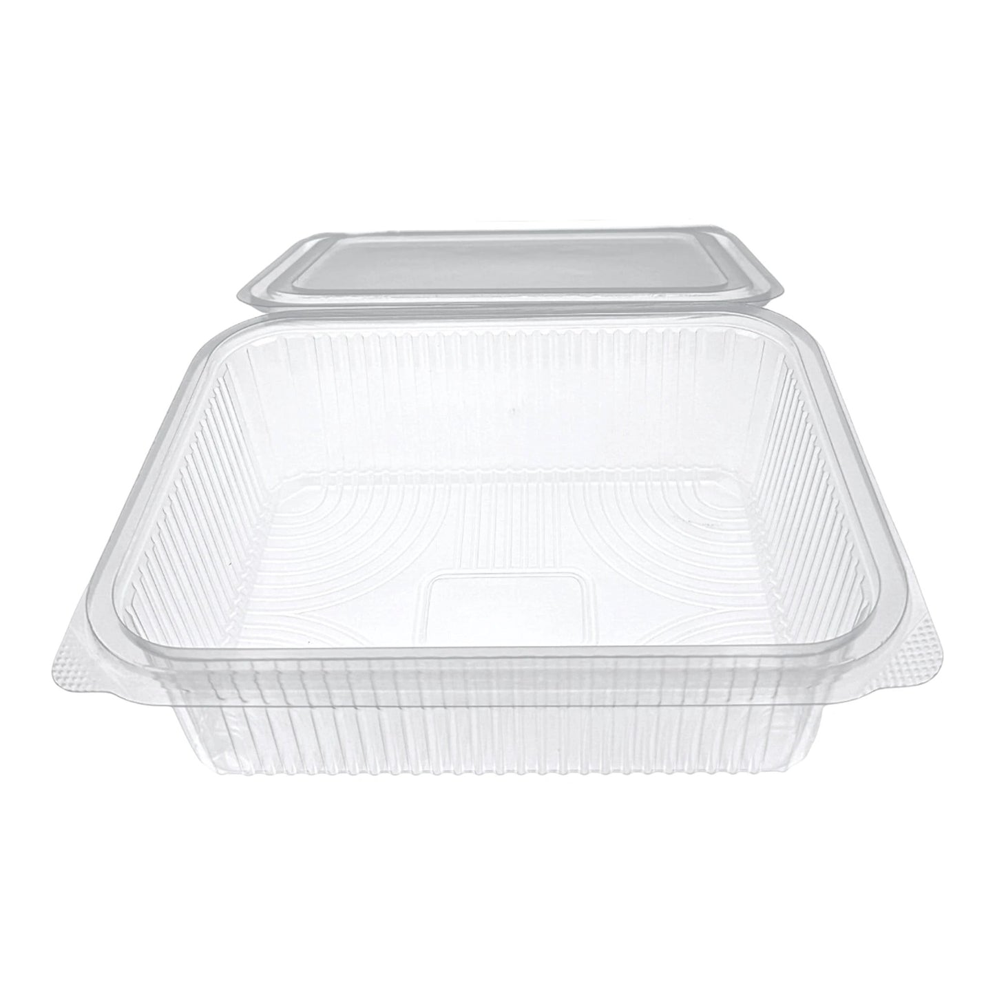 Food Packaging Direct Rhino rectangular clear plastic hinged container with a durable ribbed design for food display.