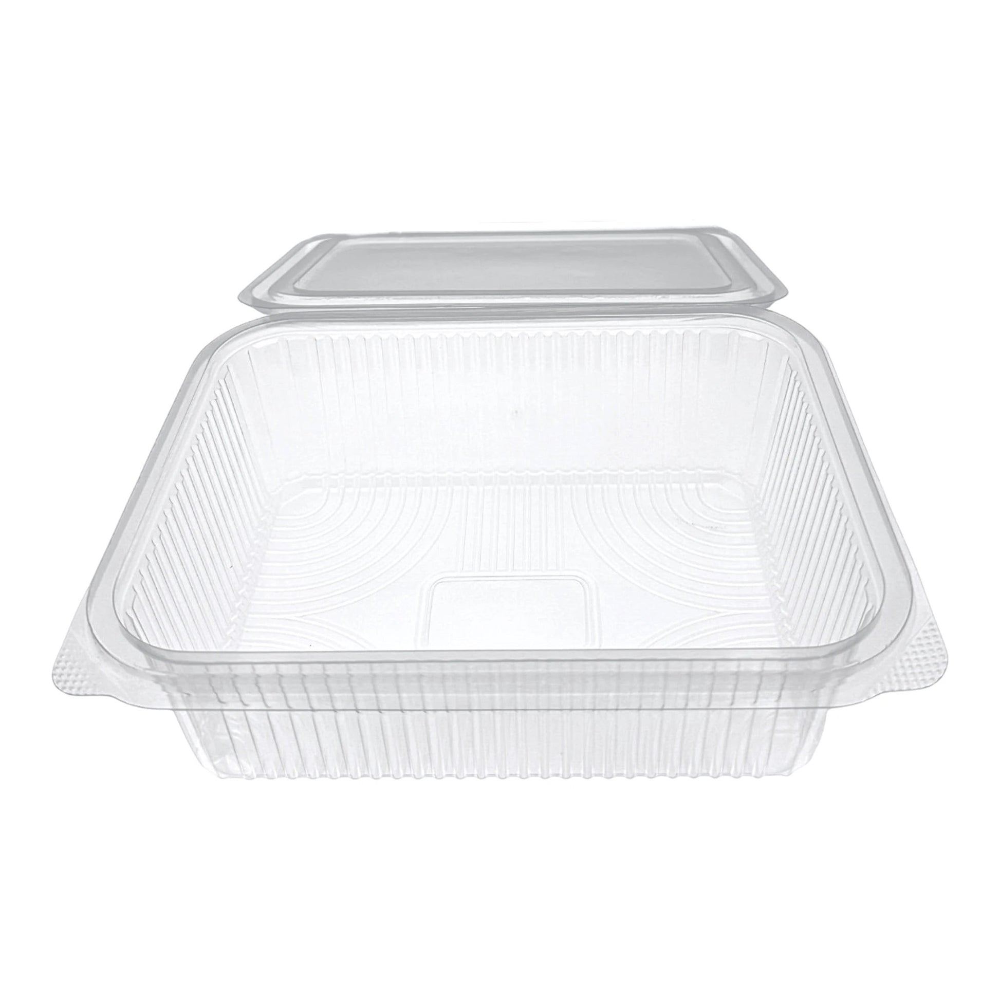 Food Packaging Direct Rhino rectangular clear plastic hinged container with a durable ribbed design for food display.