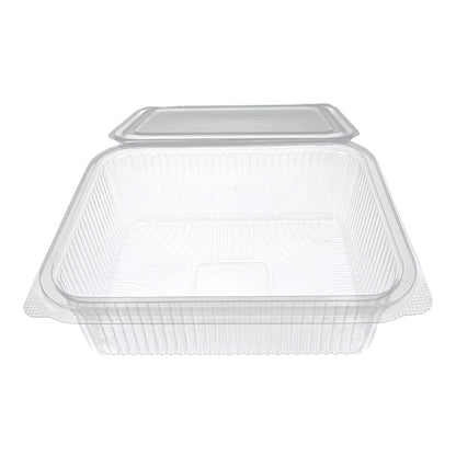 Food Packaging Direct Rhino rectangular clear plastic hinged container with a durable ribbed design for food display.