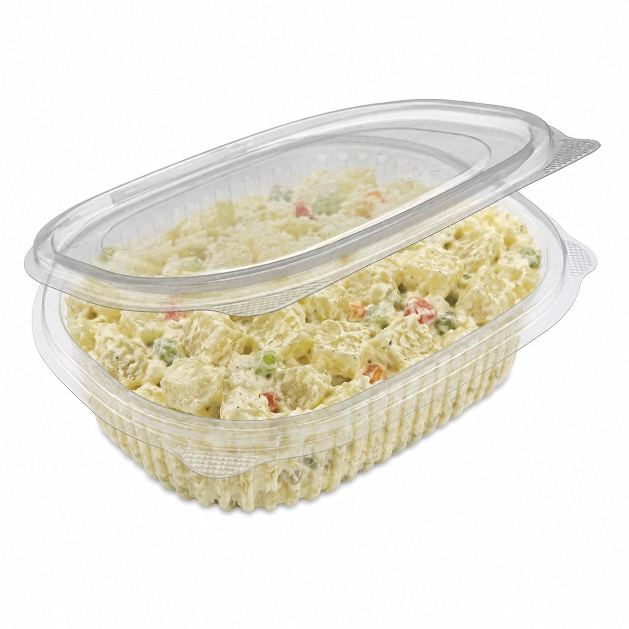 Rhino clear plastic hinged container filled with potato salad, featuring a ribbed design.