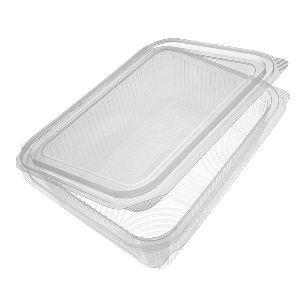 Food Packaging Direct Rhino rectangular clear plastic hinged container with a ribbed design for food display.