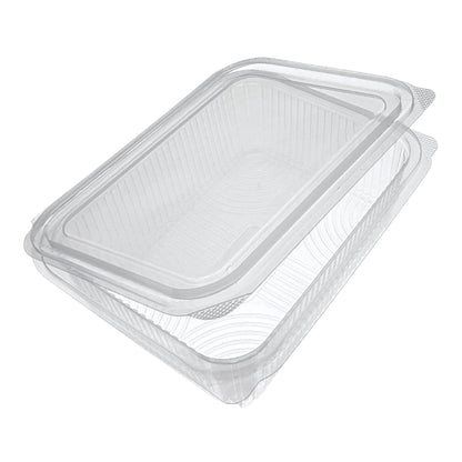 Food Packaging Direct Rhino rectangular clear plastic hinged container with a ribbed design for food display.