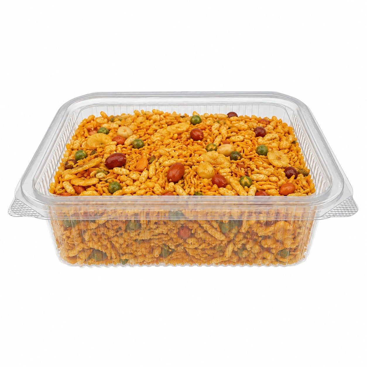 Food Packaging Direct Rhino rectangular clear plastic hinged container filled with savoury snack mix