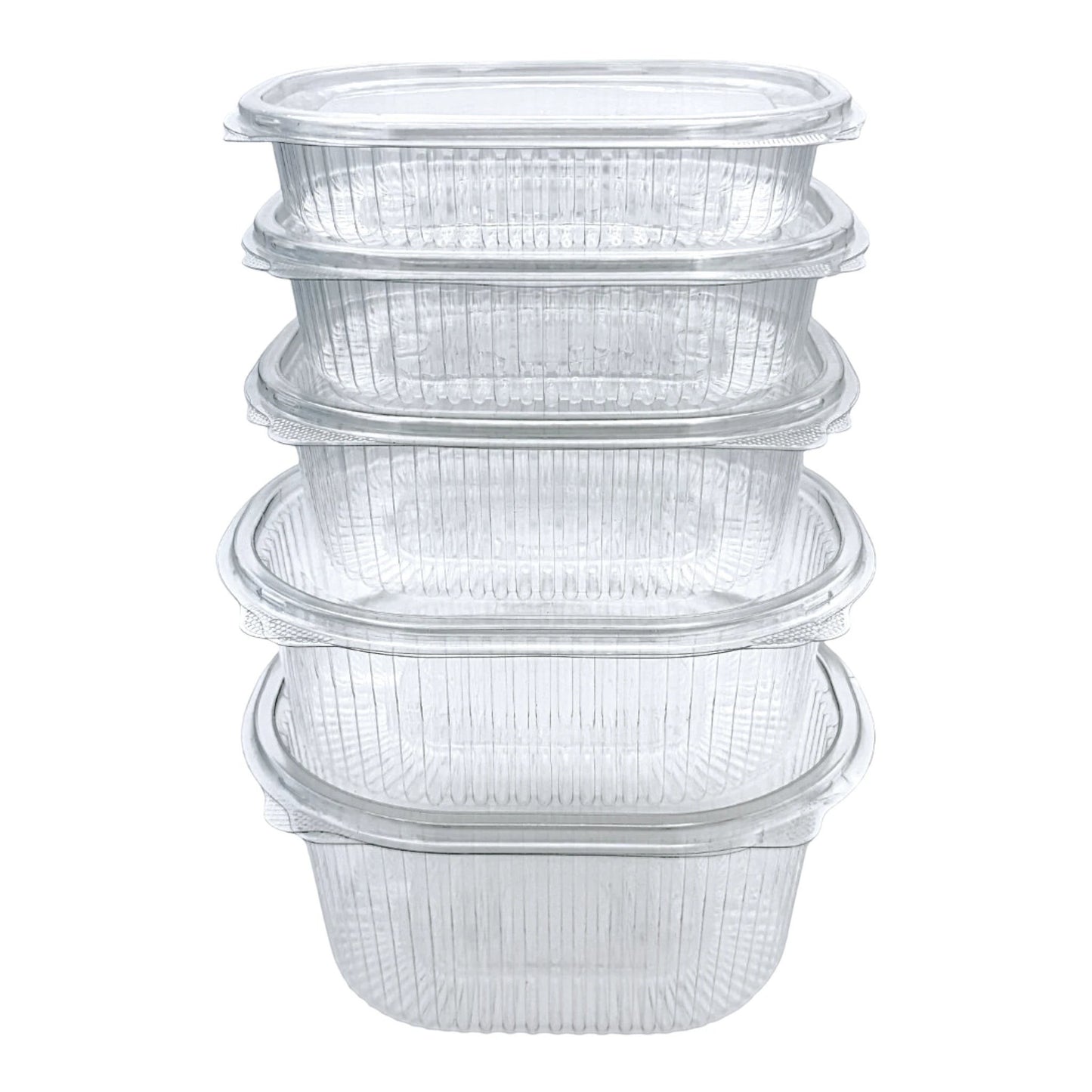 Food Packaging Direct Rhino clear plastic hinged containers stacked vertically with a durable ribbed design.