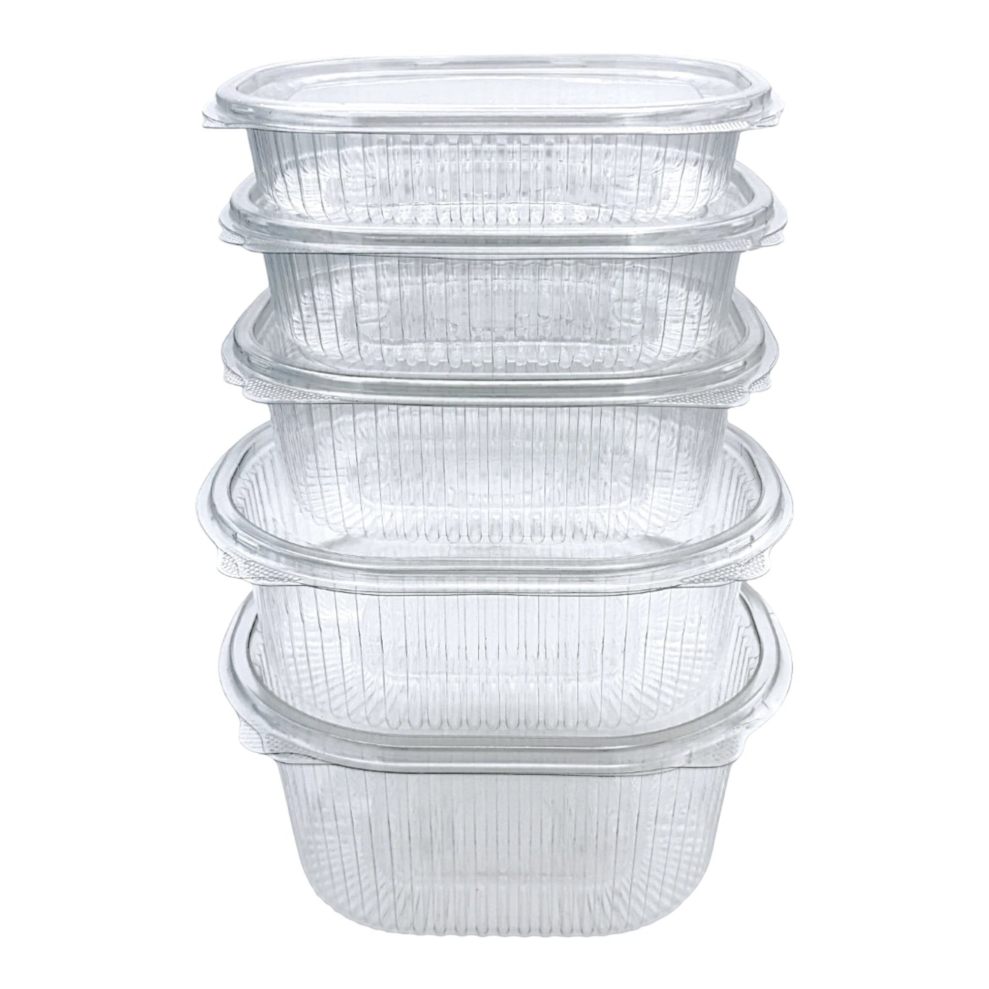 Food Packaging Direct Rhino clear plastic hinged containers stacked vertically with a durable ribbed design.
