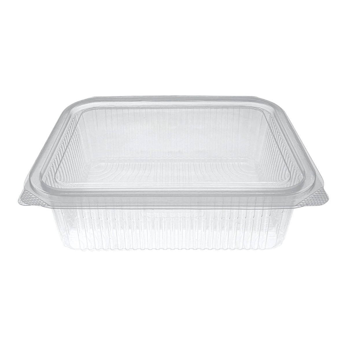 Food Packaging Direct Rhino rectangular clear plastic hinged container with a durable ribbed design for food display.
