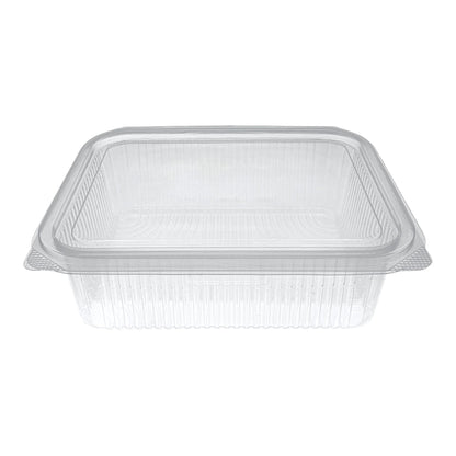 Food Packaging Direct Rhino rectangular clear plastic hinged container with a durable ribbed design for food display.