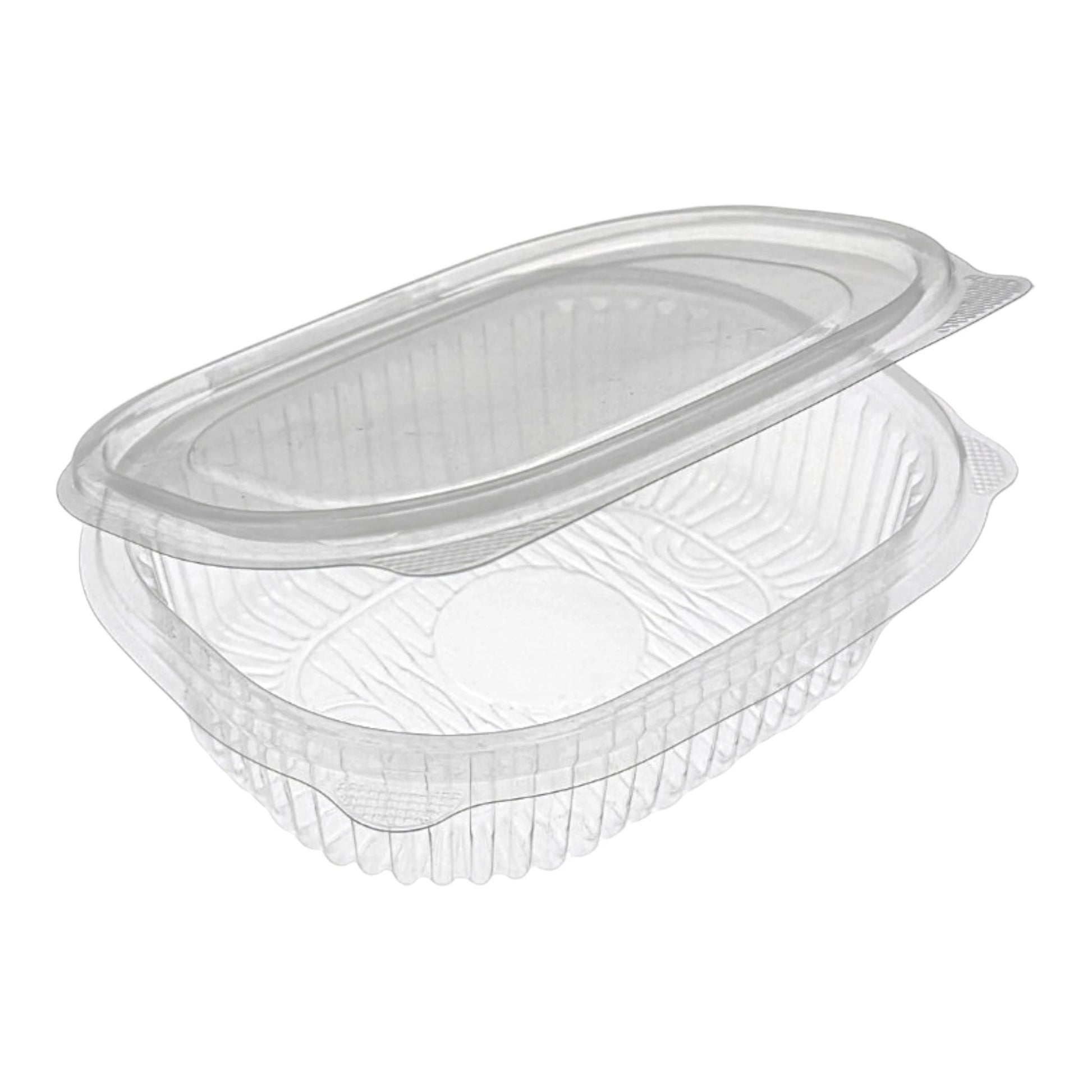 Rhino clear hinged plastic container with a ribbed design for food display and take-out.