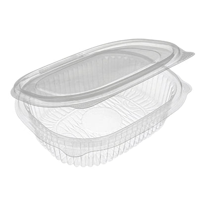 Rhino clear hinged plastic container with a ribbed design for food display and take-out.