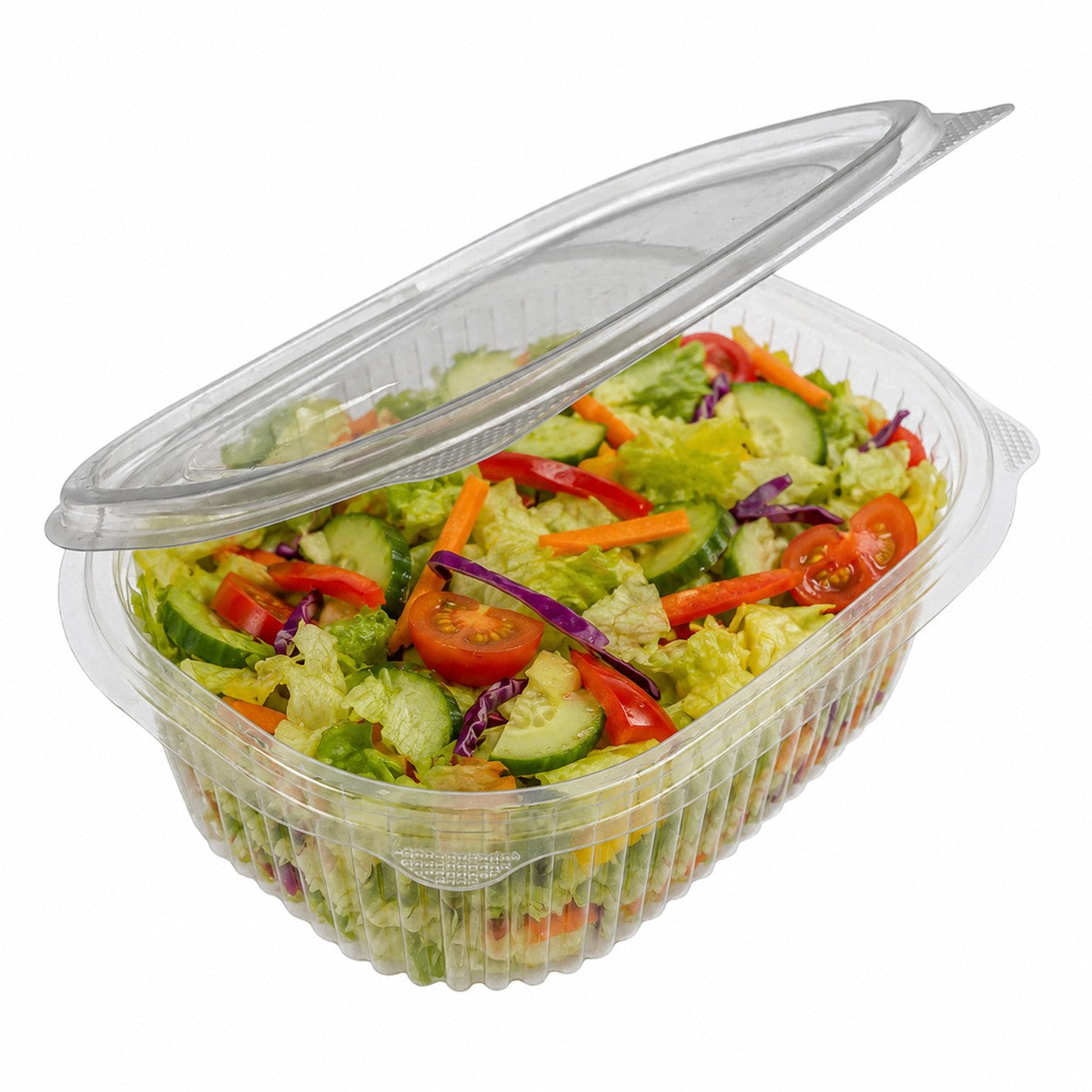 Rhino clear hinged plastic container filled with a fresh mixed salad for takeaway