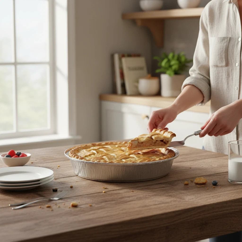 Food Packaging Direct 9 inch round aluminium foil container base holding a freshly baked lattice crust fruit pie