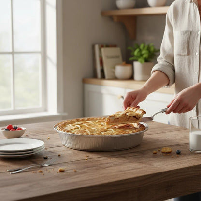 Food Packaging Direct 9 inch round aluminium foil container base holding a freshly baked lattice crust fruit pie