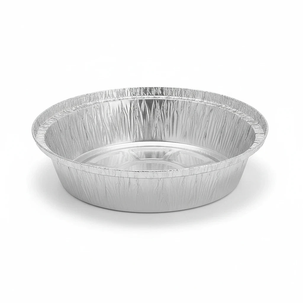Food Packaging Direct No12 7-inch round aluminium foil container base for takeaway food storage and oven use.