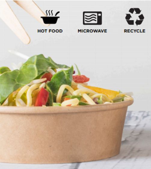 Food Packaging Direct round kraft paper bowl filled with fresh salad, featuring hot food and microwave safe icons.