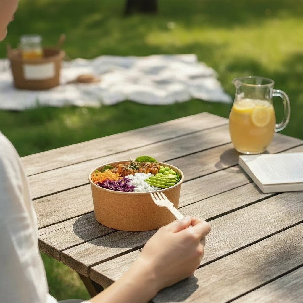 Food Packaging Direct round kraft paper food bowl filled with a fresh salad on a wooden table in a park setting