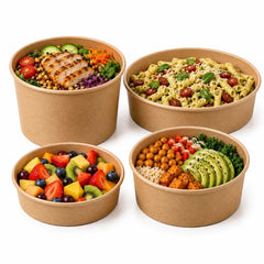 Food Packaging Direct round kraft paper food bowls in four different sizes for takeaway and catering use